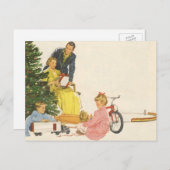 ヴィンテージクリスマスモーニング、家族開放プレゼント シーズンポストカード (正面/裏面)