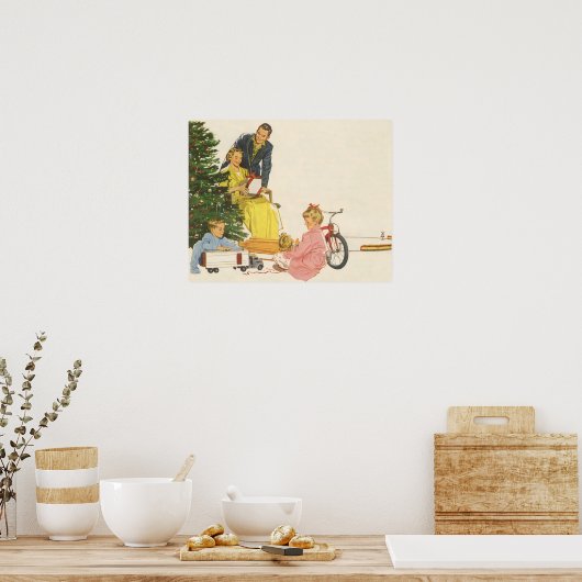 ヴィンテージクリスマスモーニング、家族開放プレゼント ポスター (キッチン)