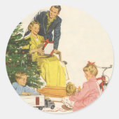 ヴィンテージクリスマスモーニング、家族開放プレゼント ラウンドシール (正面)