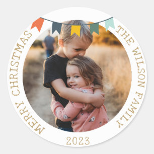ヴィンテージクリスマスライトオーナメントファミリーフォト ラウンドシール