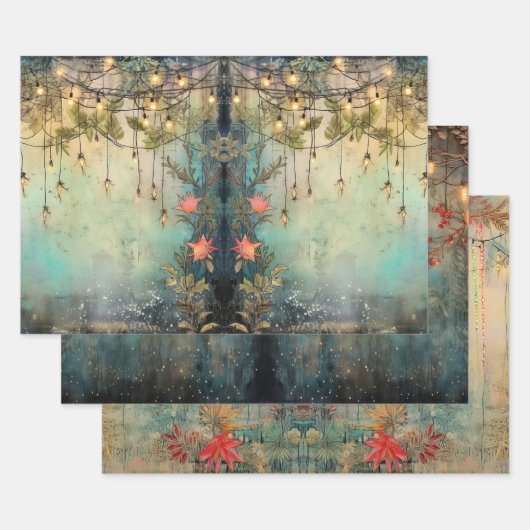 ヴィンテージクリスマスライトデコレーション ラッピングペーパーシート (セット)