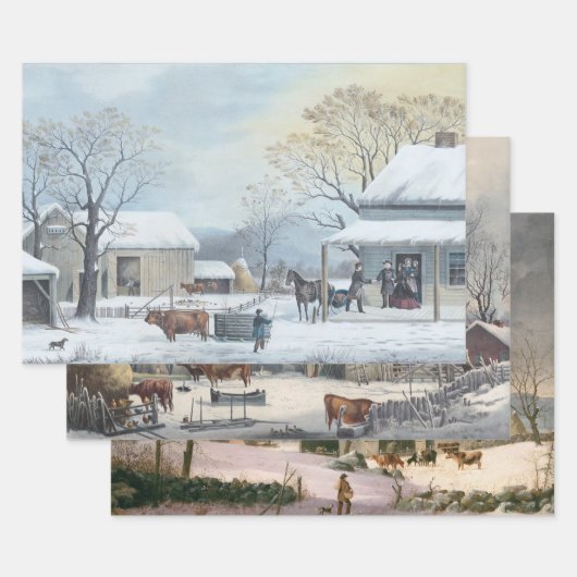 ヴィンテージクリスマスラッピング紙ウィンターファーミヤード ラッピングペーパーシート (セット)