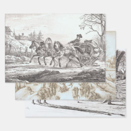 ヴィンテージクリスマスラッピング紙コーチ、スケーター… ラッピングペーパーシート