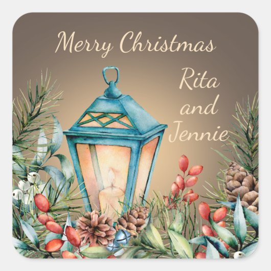 ヴィンテージクリスマスランタンステッカー スクエアシール (正面)