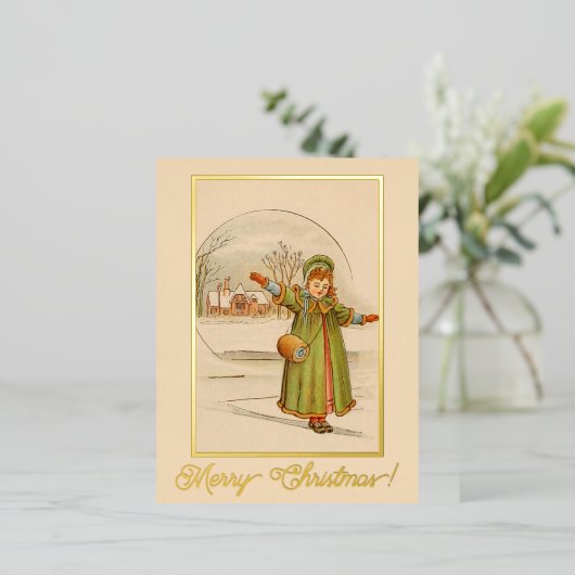 ヴィンテージクリスマスランドスケープベビーガールグリーンドレス 箔シーズンポストカード (立ち正面)