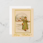 ヴィンテージクリスマスランドスケープベビーガールグリーンドレス 箔シーズンポストカード (正面/裏面)