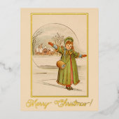 ヴィンテージクリスマスランドスケープベビーガールグリーンドレス 箔シーズンポストカード (正面)
