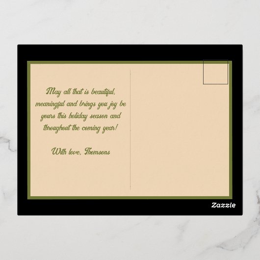 ヴィンテージクリスマスランドスケープベビーガールブラックドレス 箔シーズンポストカード (裏面)