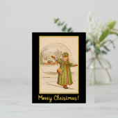 ヴィンテージクリスマスランドスケープベビーガールブラックドレス 箔シーズンポストカード (立ち正面)