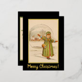 ヴィンテージクリスマスランドスケープベビーガールブラックドレス 箔シーズンポストカード (正面/裏面)