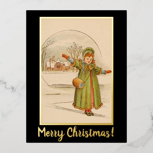 ヴィンテージクリスマスランドスケープベビーガールブラックドレス 箔シーズンポストカード (正面)