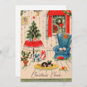 ヴィンテージクリスマスリビングルームシーンホリデーカード シーズンカード (正面/裏面)