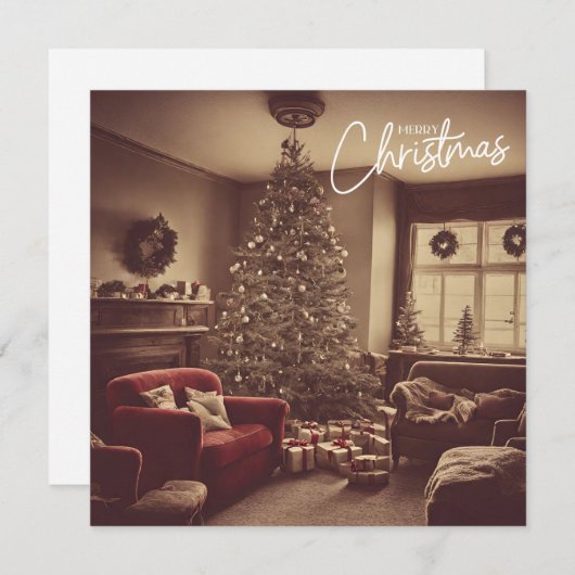 ヴィンテージクリスマスリビングルームツリーとギフト シーズンカード (正面/裏面)