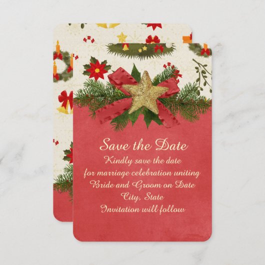 ヴィンテージクリスマスリボンスターデートを保存 セーブザデート (正面/裏面)