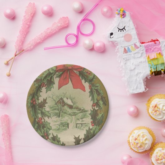 ヴィンテージクリスマスリースとウィンターキャビン ペーパープレート (パーティー)