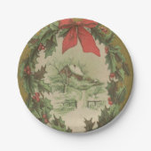 ヴィンテージクリスマスリースとウィンターキャビン ペーパープレート (正面)