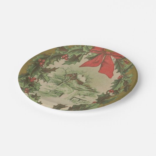 ヴィンテージクリスマスリースとウィンターキャビン ペーパープレート (アングル)