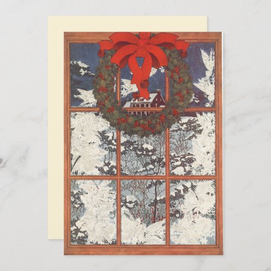 ヴィンテージクリスマスリースの窓の招待状 招待状 (正面/裏面)