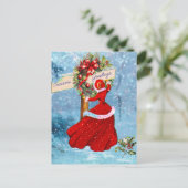 ヴィンテージクリスマスリースレッドグリッターガールスノー ポストカード (スタンド正面)