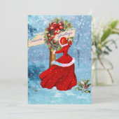 ヴィンテージクリスマスリースレッドグリッターガール サンキューカード (スタンド正面)
