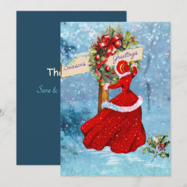 ヴィンテージクリスマスリースレッドグリッターガール サンキューカード