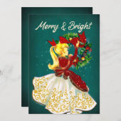 ヴィンテージクリスマスリースレッド金ゴールドグリッター女の子 サンキューカード (正面/裏面)