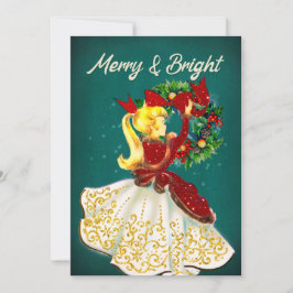 ヴィンテージクリスマスリースレッド金ゴールドグリッター女の子 サンキューカード