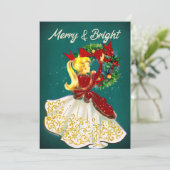 ヴィンテージクリスマスリースレッド金ゴールドグリッター女の子 シーズンカード (スタンド正面)