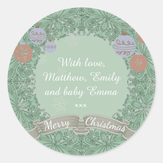 ヴィンテージクリスマスリース パーソナライズされた ラウンドシール (正面)