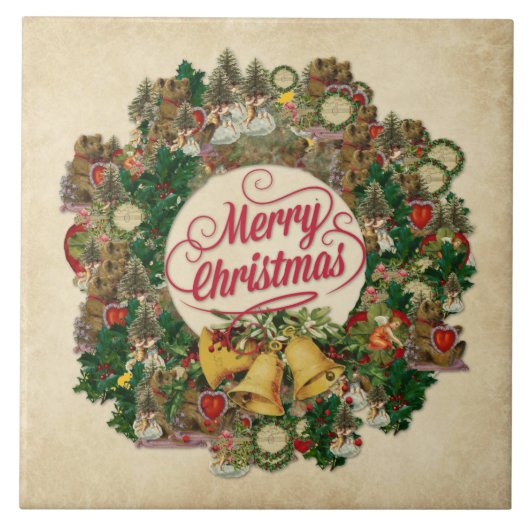 ヴィンテージクリスマスリース（メリークリスマス） タイル (正面)