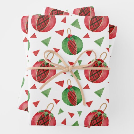 ヴィンテージクリスマスレッドとグリーンオーナメント ラッピングペーパーシート (インサイチュ)