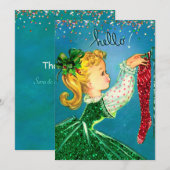 ヴィンテージクリスマスレッドソックスグリッターガールモノグラム サンキューカード (正面/裏面)