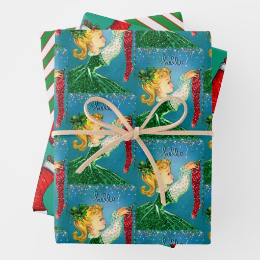 ヴィンテージクリスマスレッドソックスグリッターガールモノグラム ラッピングペーパーシート (インサイチュ)