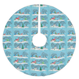 ヴィンテージクリスマスレッドチャーチホースとそり ブラッシュドポリエステルツリースカート