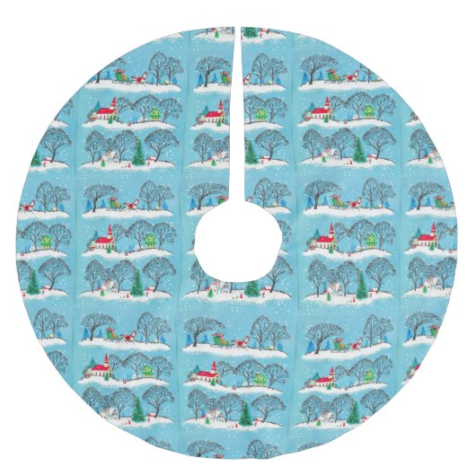 ヴィンテージクリスマスレッドチャーチホースとそり ブラッシュドポリエステルツリースカート (正面)