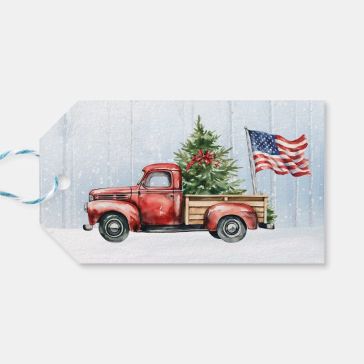 ヴィンテージクリスマスレッドトラック愛国米国国旗 ギフトタグ (裏面横)