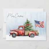 ヴィンテージクリスマスレッドトラック愛国米国国旗 シーズンカード (正面)
