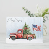 ヴィンテージクリスマスレッドトラック愛国米国国旗 シーズンカード (スタンド正面)