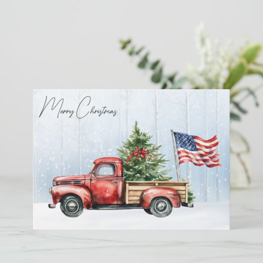 ヴィンテージクリスマスレッドトラック愛国米国国旗 シーズンカード (スタンド正面)