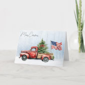 ヴィンテージクリスマスレッドトラック愛国米国国旗 シーズンカード (正面)