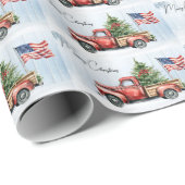 ヴィンテージクリスマスレッドトラック愛国米国国旗 ラッピングペーパー (ロールコーナー)