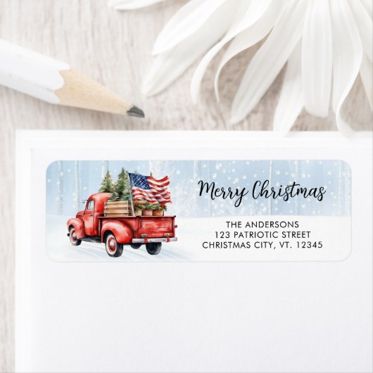 ヴィンテージクリスマスレッドトラック米国国旗の差出人住所 ラベル (インサイチュ)