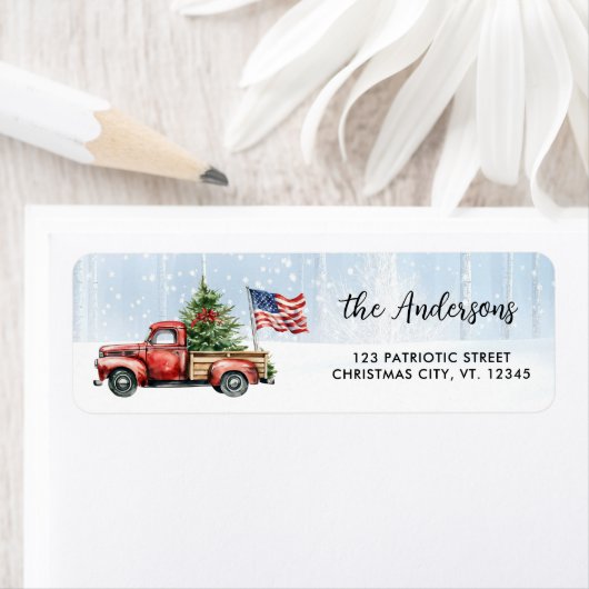 ヴィンテージクリスマスレッドトラック米国国旗の差出人住所 ラベル (インサイチュ)
