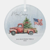 ヴィンテージクリスマスレッドトラック米国国旗の愛国心 ガラスオーナメント (正面)