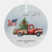 ヴィンテージクリスマスレッドトラック米国国旗の愛国心 ガラスオーナメント (裏面)