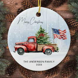 ヴィンテージクリスマスレッドトラック米国国旗の愛国心 セラミックオーナメント