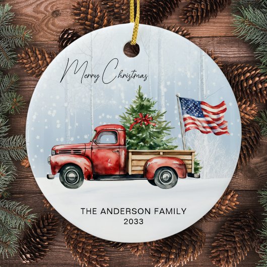 ヴィンテージクリスマスレッドトラック米国国旗の愛国心 セラミックオーナメント