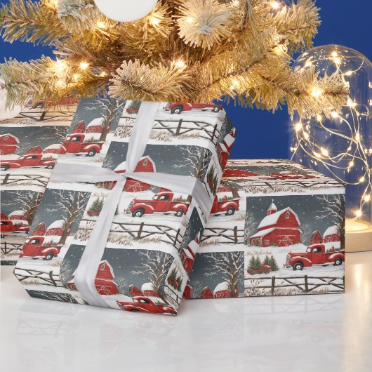 ヴィンテージクリスマスレッドトラック、納屋、田舎 ラッピングペーパー (クリスマス)