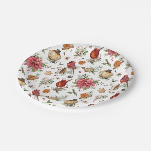 ヴィンテージクリスマスレッドバードポインセチア模様 ペーパープレート (アングル)