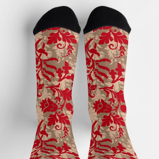 ヴィンテージクリスマスレッドブラウン素朴な花のパターン ソックス (上部)